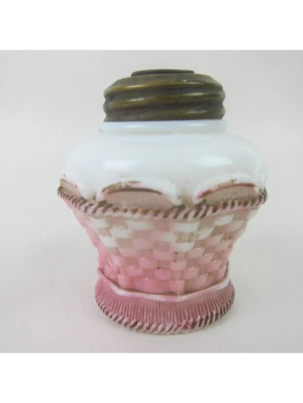 Antique Miniature Oil Lamp Base Pink & White Milk Glass Basket Weave 3